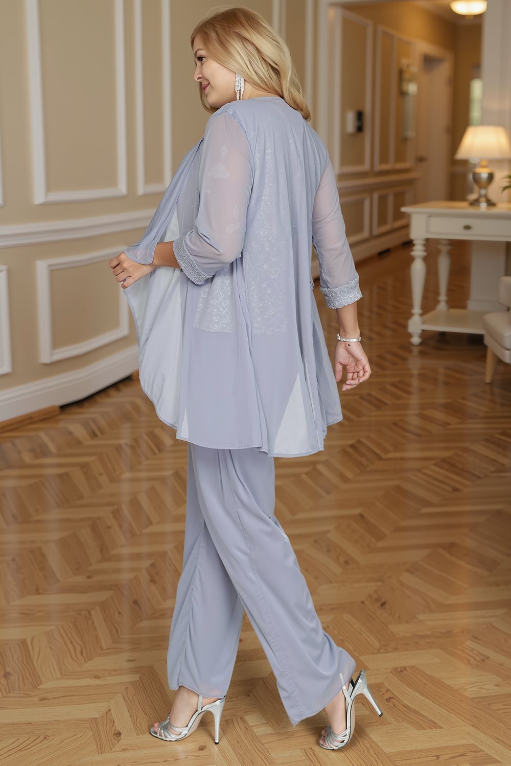 Dreamyannie Grey Chiffon Scoop Neck 3 Piece Mother Of The Bride Pant Suits With Jacket