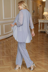 Dreamyannie Grey Chiffon Scoop Neck 3 Piece Mother Of The Bride Pant Suits With Jacket