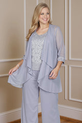 Dreamyannie Grey Chiffon Scoop Neck 3 Piece Mother Of The Bride Pant Suits With Jacket