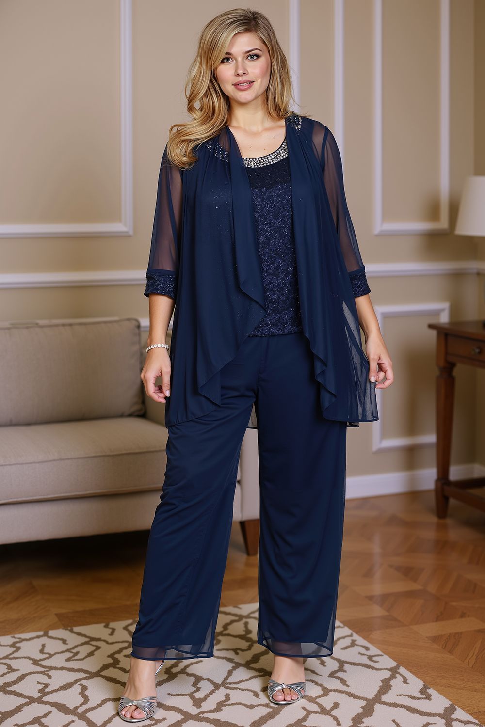 Dreamyannie Grey Chiffon Scoop Neck 3 Piece Mother Of The Bride Pant Suits With Jacket