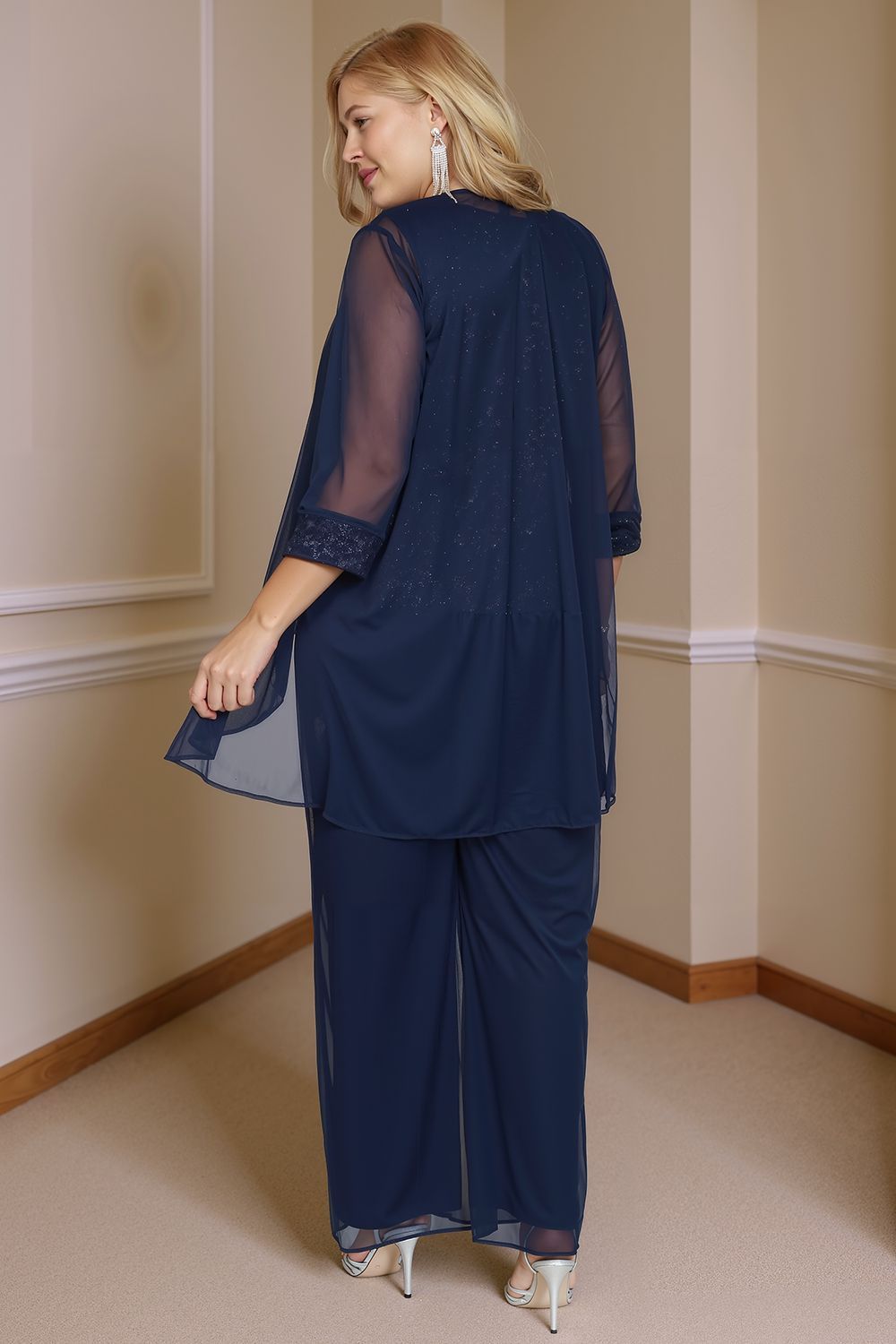 Dreamyannie Grey Chiffon Scoop Neck 3 Piece Mother Of The Bride Pant Suits With Jacket