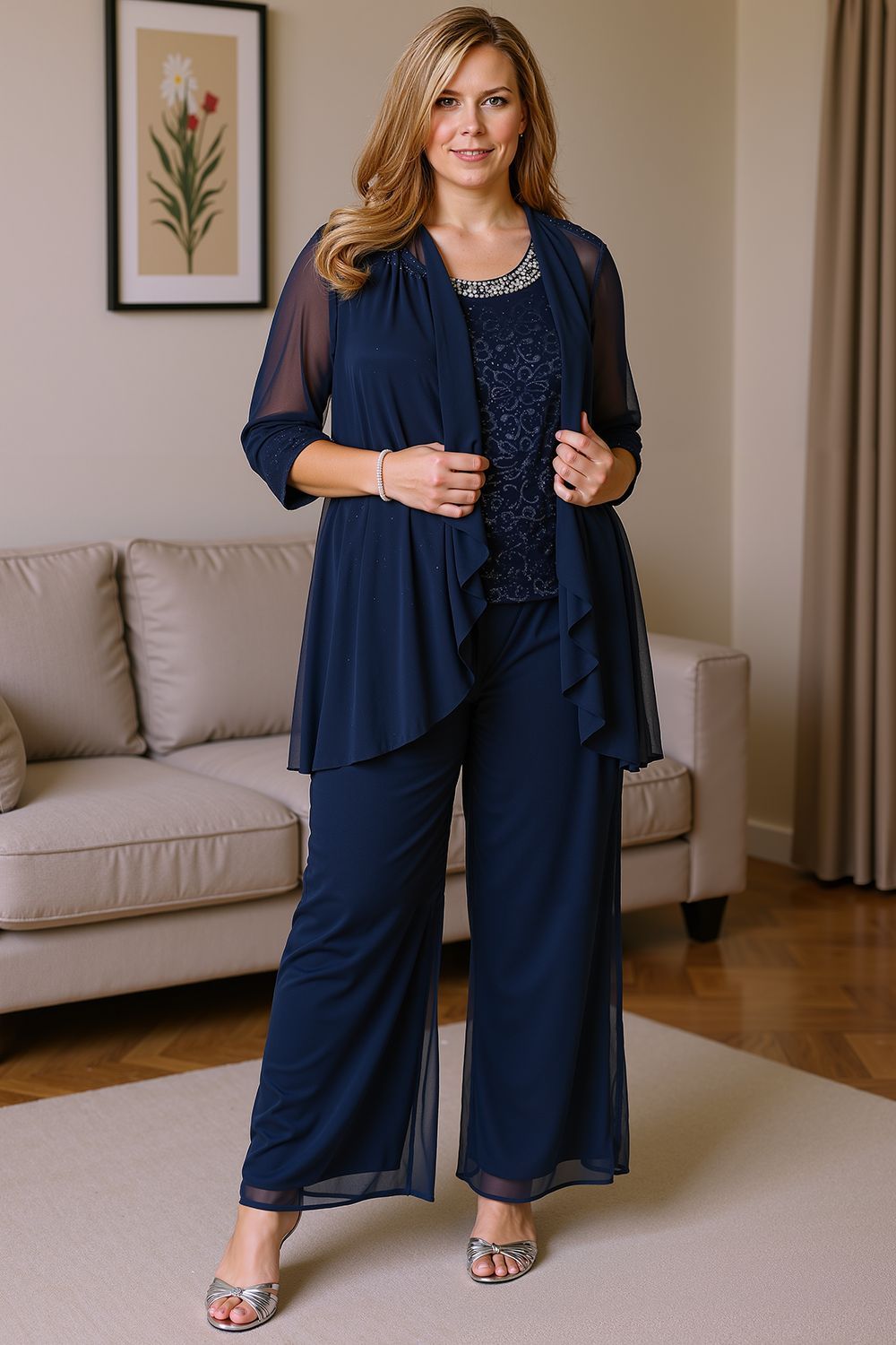 Dreamyannie Grey Chiffon Scoop Neck 3 Piece Mother Of The Bride Pant Suits With Jacket