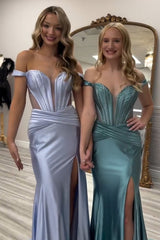 Dreamyannie Grey Green Prom Dress Off The Shoulder Corset Long Evening Dress With Slit