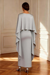 Dreamyannie Grey Mermaid Boat Neck Satin Long Mother Of The Bride Dress With Cape