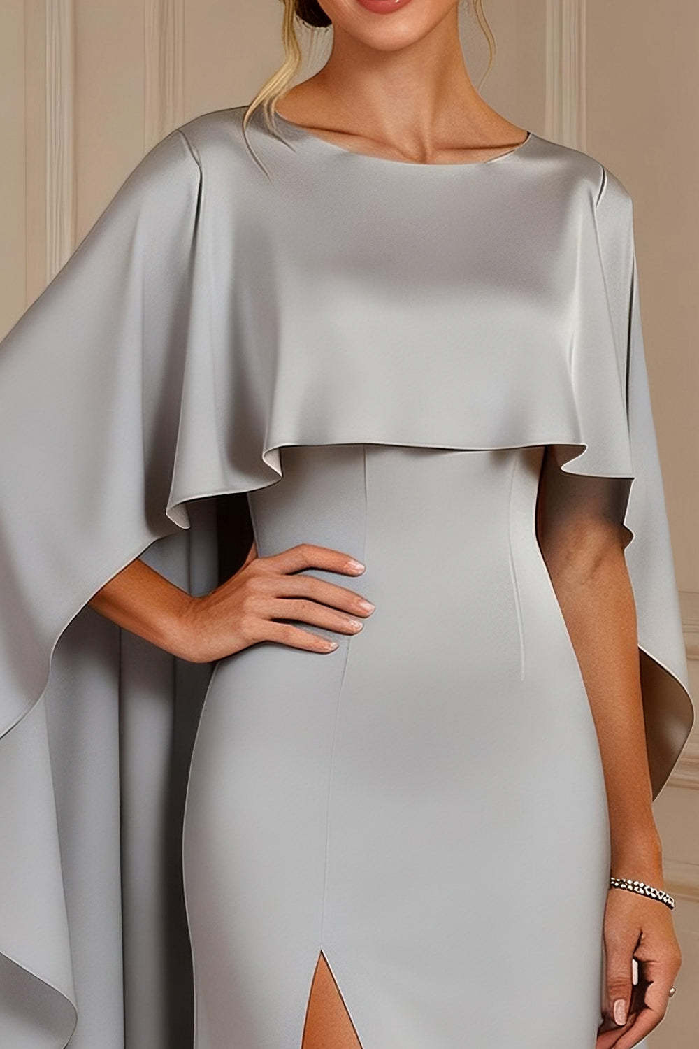 Dreamyannie Grey Mermaid Boat Neck Satin Long Mother Of The Bride Dress With Cape