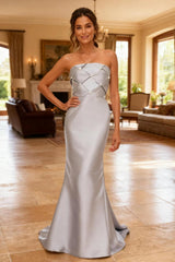 Dreamyannie Grey Satin Mermaid 2 Piece Long Mother Of The Bride Dress With Belt