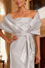 Dreamyannie Grey Satin Mermaid 2 Piece Long Mother Of The Bride Dress With Belt