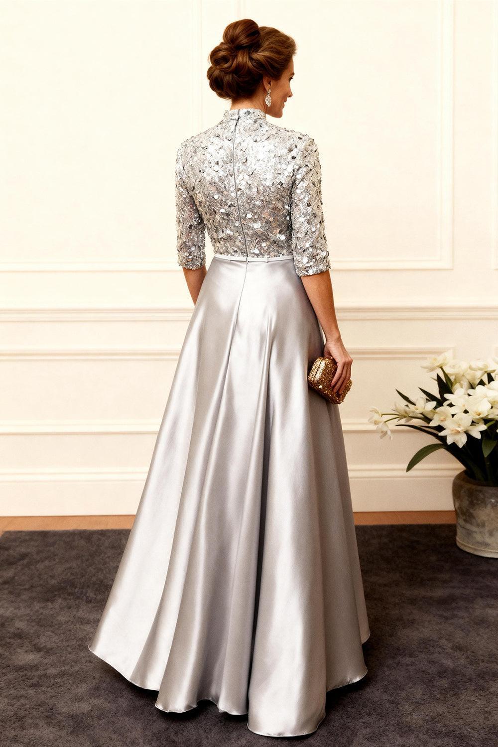 Dreamyannie Grey Sequins A Line Floor Length Mother Of The Bride Dress With Sleeves