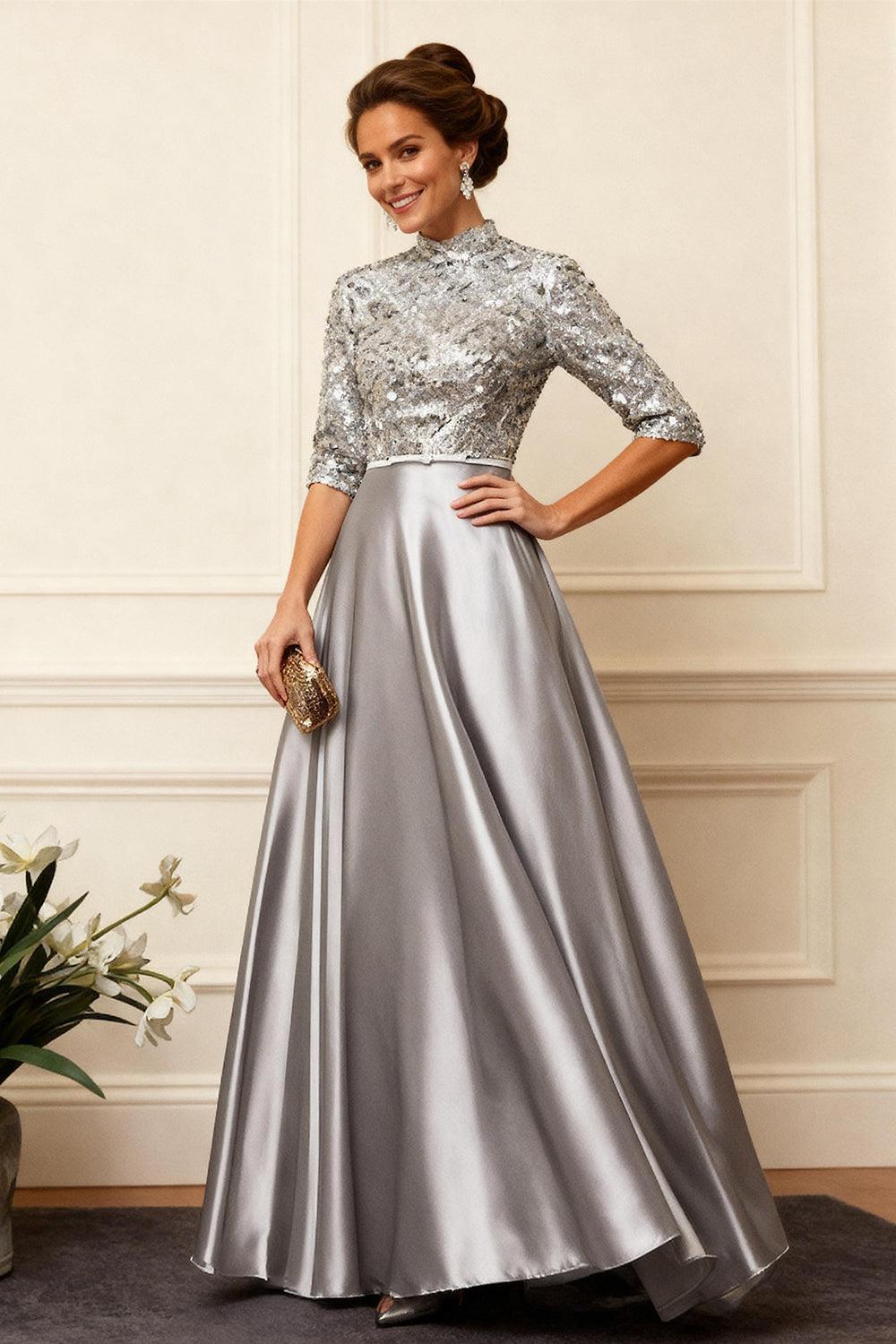 Dreamyannie Grey Sequins A Line Floor Length Mother Of The Bride Dress With Sleeves