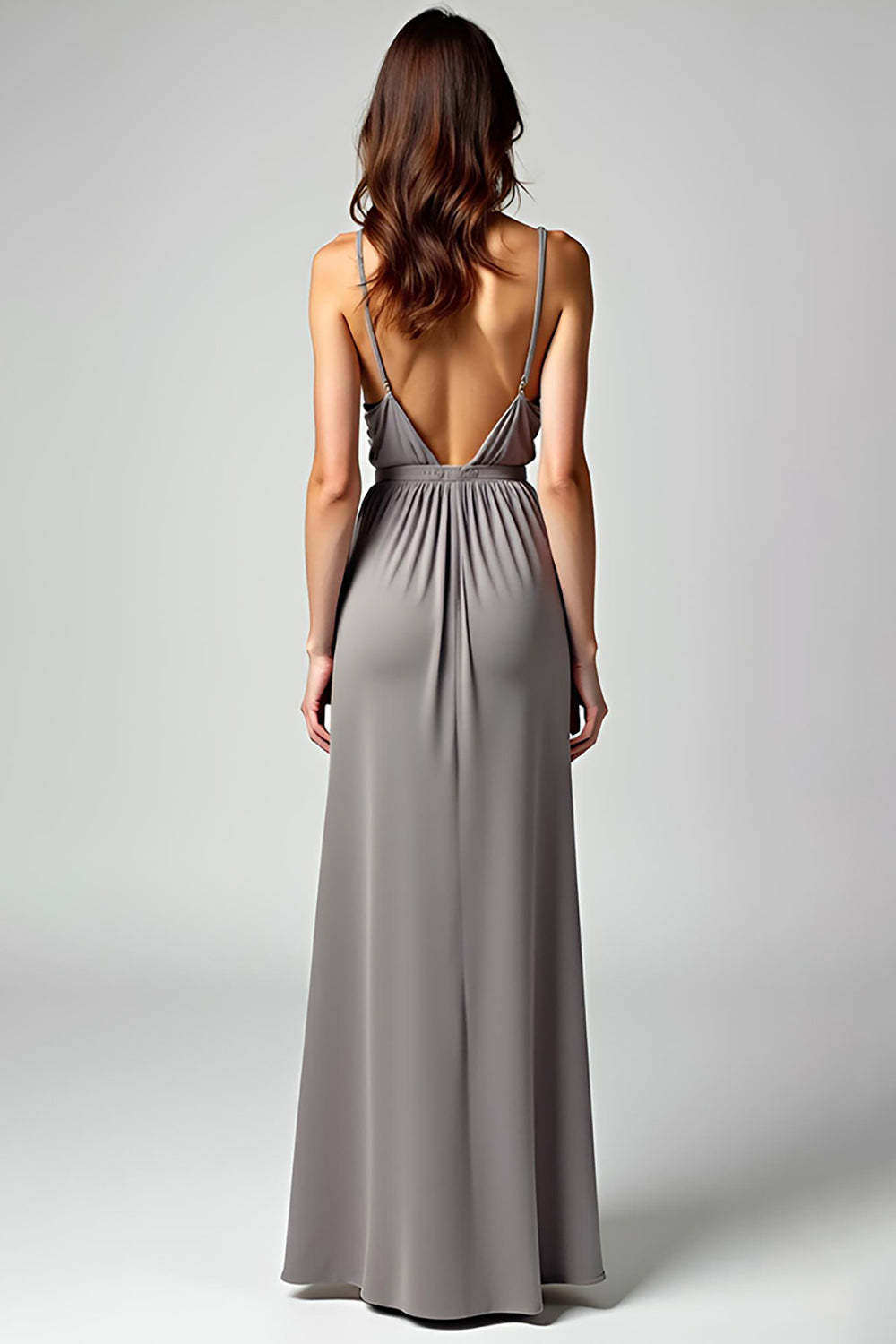 Dreamyannie Grey Spaghetti Straps Sheath Long Formal Dress With Slit