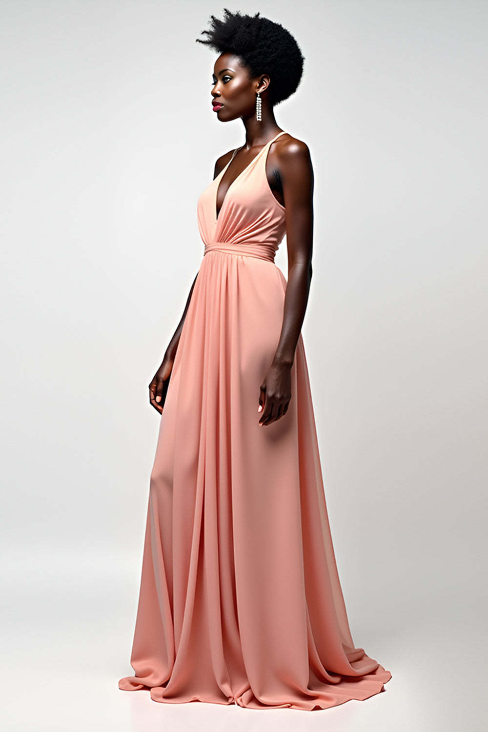 Dreamyannie Halter Blush Pink Wedding Guest Dress A Line Ruched Long Formal Dress