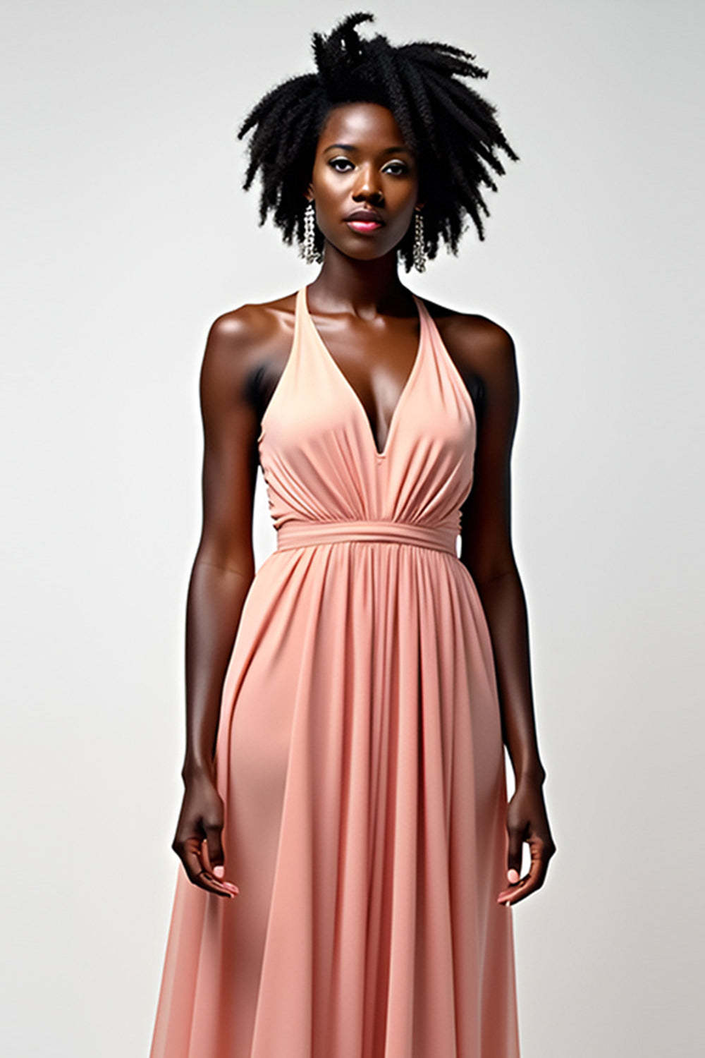 Dreamyannie Halter Blush Pink Wedding Guest Dress A Line Ruched Long Formal Dress