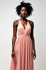 Dreamyannie Halter Blush Pink Wedding Guest Dress A Line Ruched Long Formal Dress