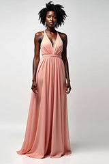 Dreamyannie Halter Blush Pink Wedding Guest Dress A Line Ruched Long Formal Dress