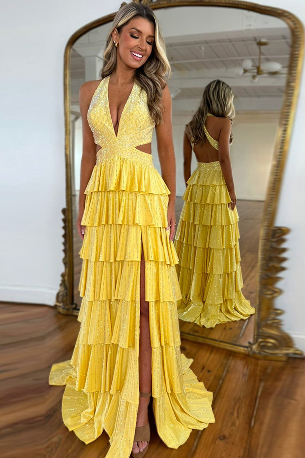 Dreamyannie Halter Grey Prom Dress Tiered A-Line Long Formal Dress With Slit