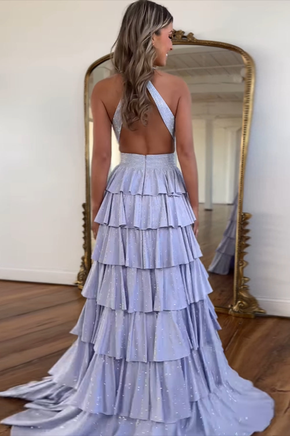 Dreamyannie Halter Grey Prom Dress Tiered A-Line Long Formal Dress With Slit