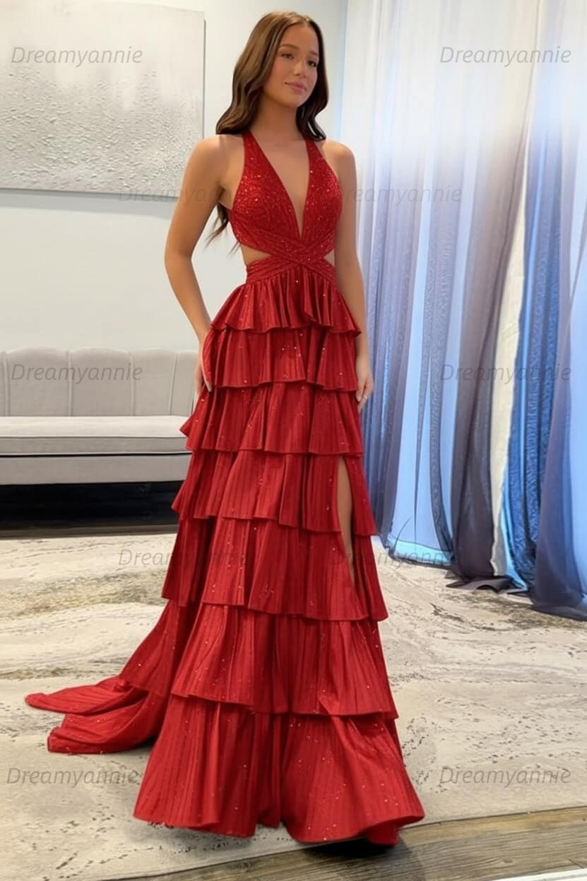 Dreamyannie A-Line Black Prom Dress Tiered Halter Long Formal Dress With Slit