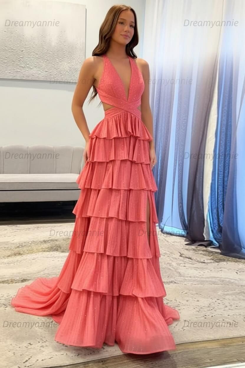 Dreamyannie A-Line Black Prom Dress Tiered Halter Long Formal Dress With Slit