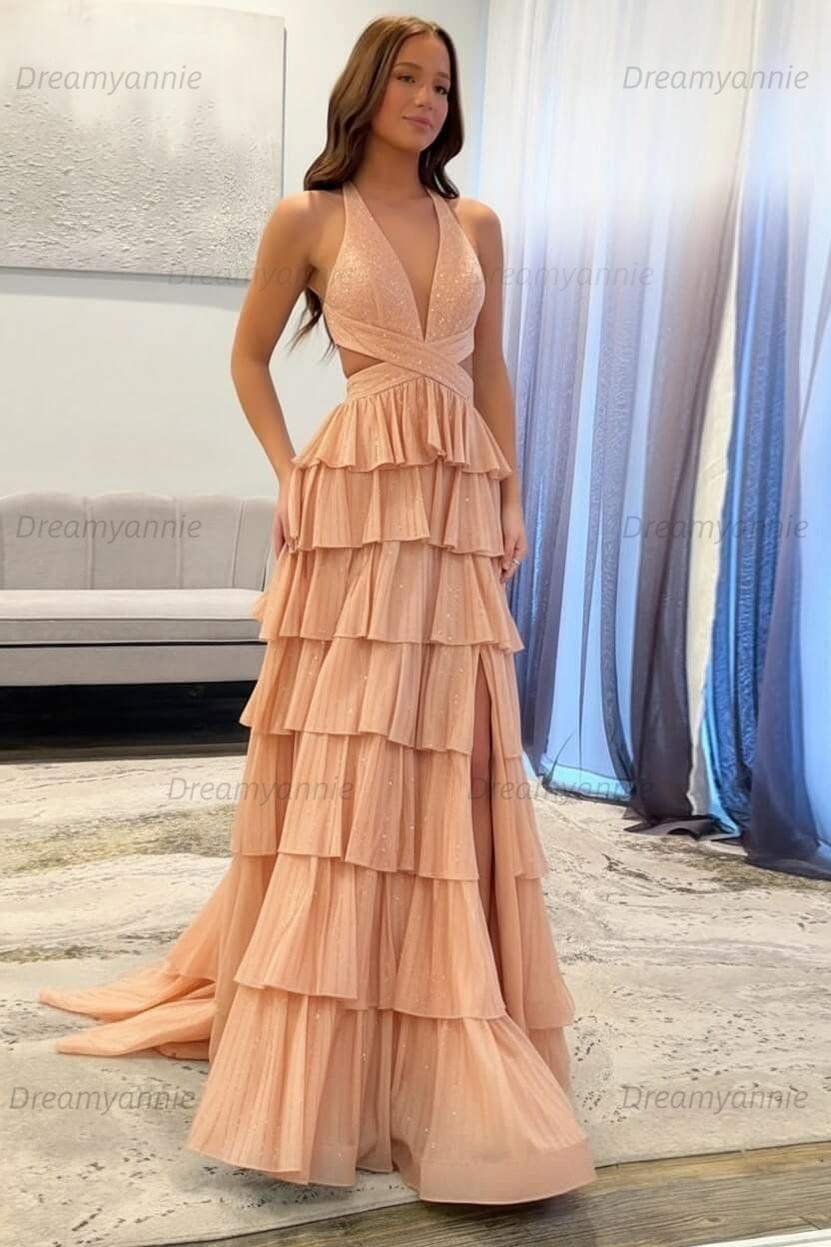 Dreamyannie A-Line Black Prom Dress Tiered Halter Long Formal Dress With Slit