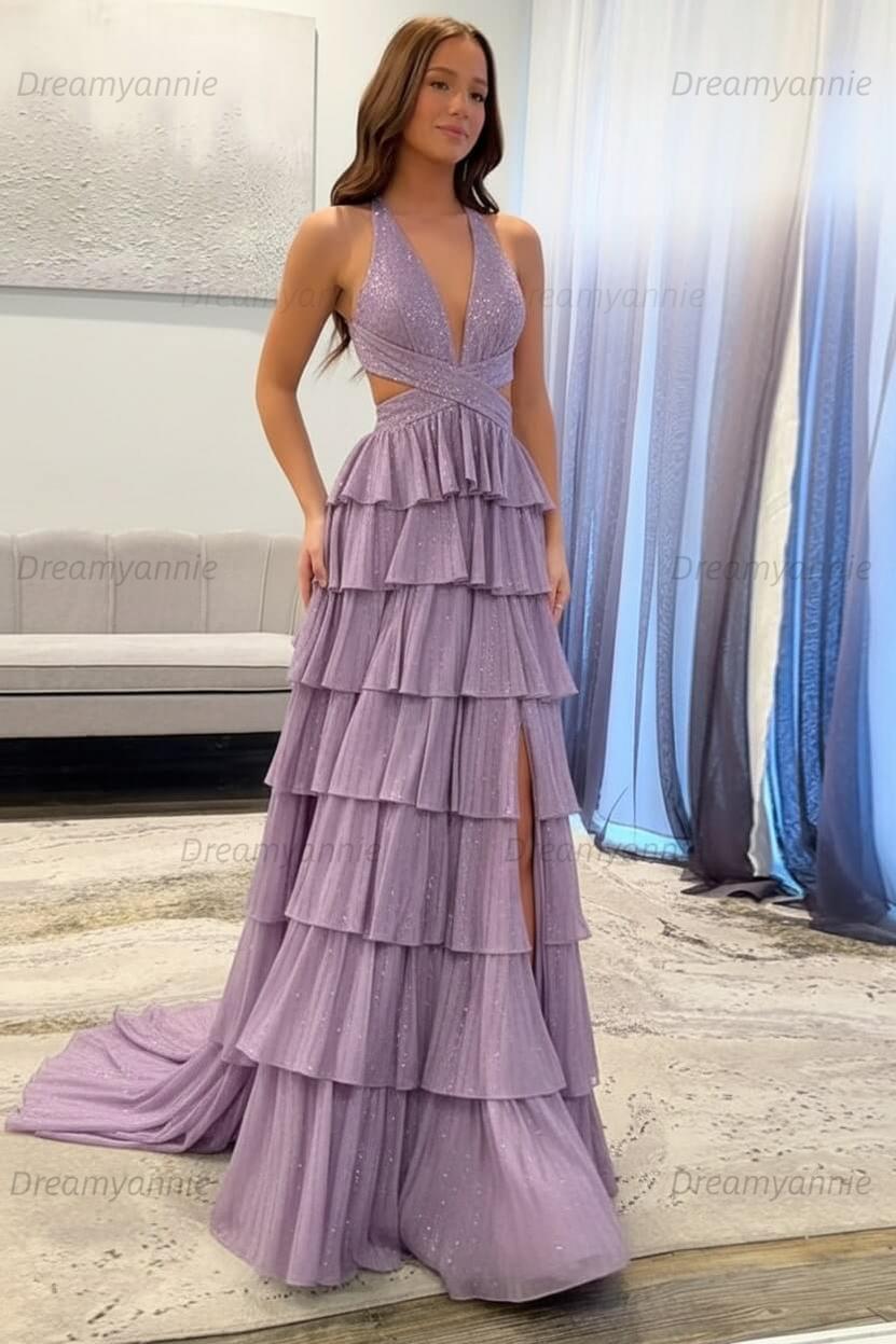 Dreamyannie A-Line Black Prom Dress Tiered Halter Long Formal Dress With Slit
