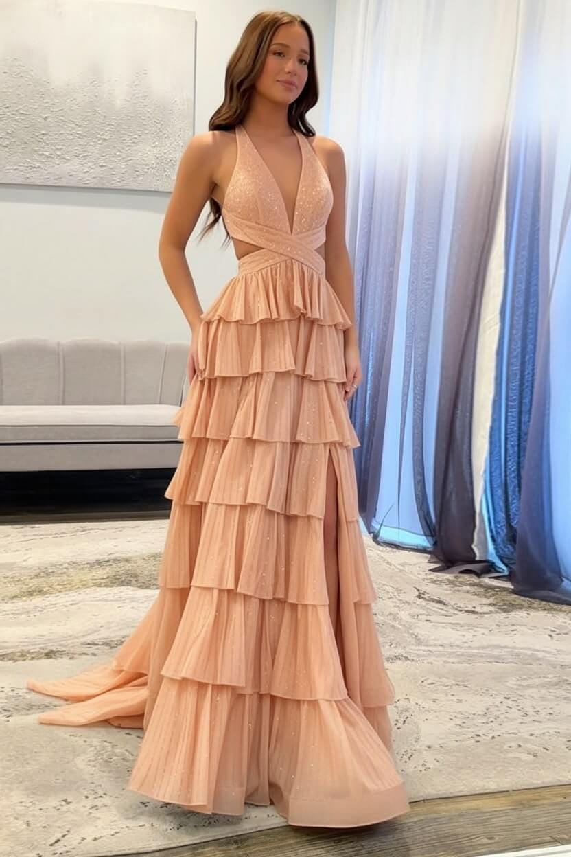 Dreamyannie Halter Grey Prom Dress Tiered A-Line Long Formal Dress With Slit