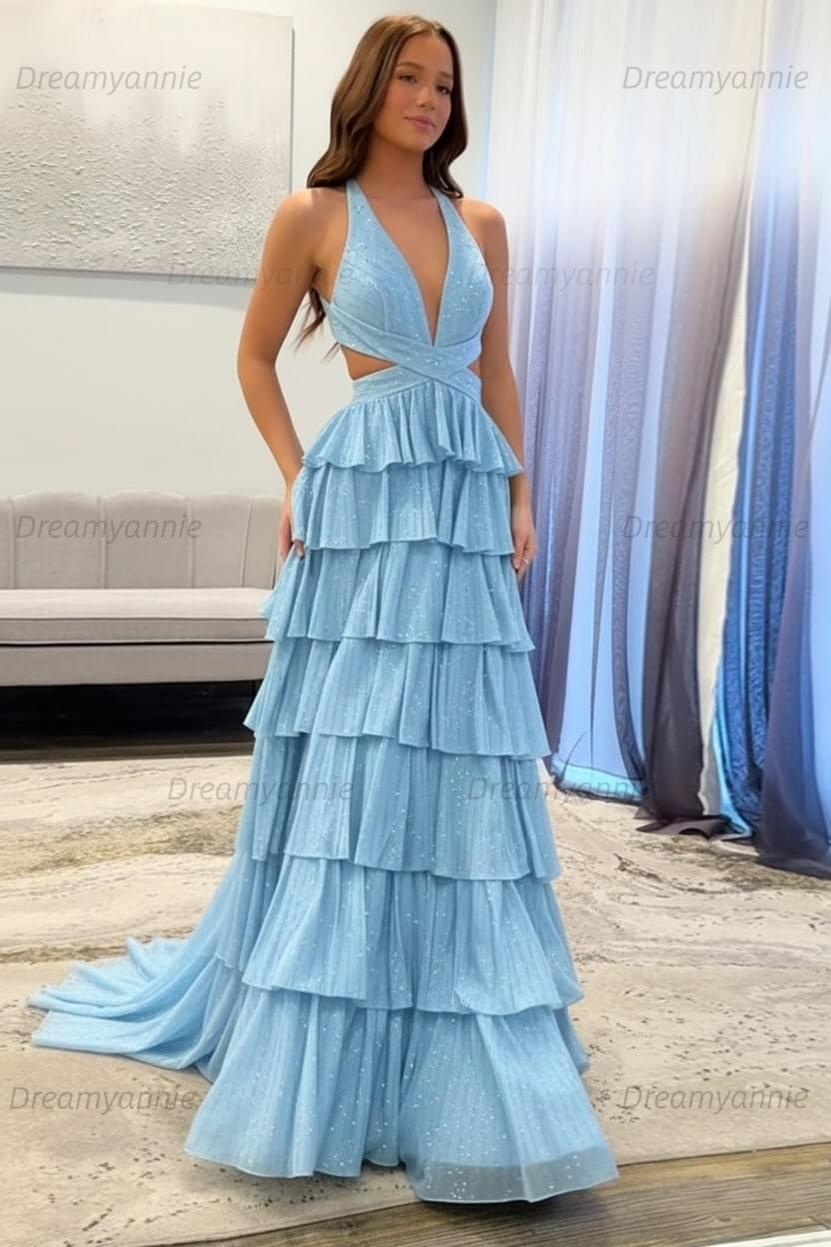 Dreamyannie A-Line Black Prom Dress Tiered Halter Long Formal Dress With Slit