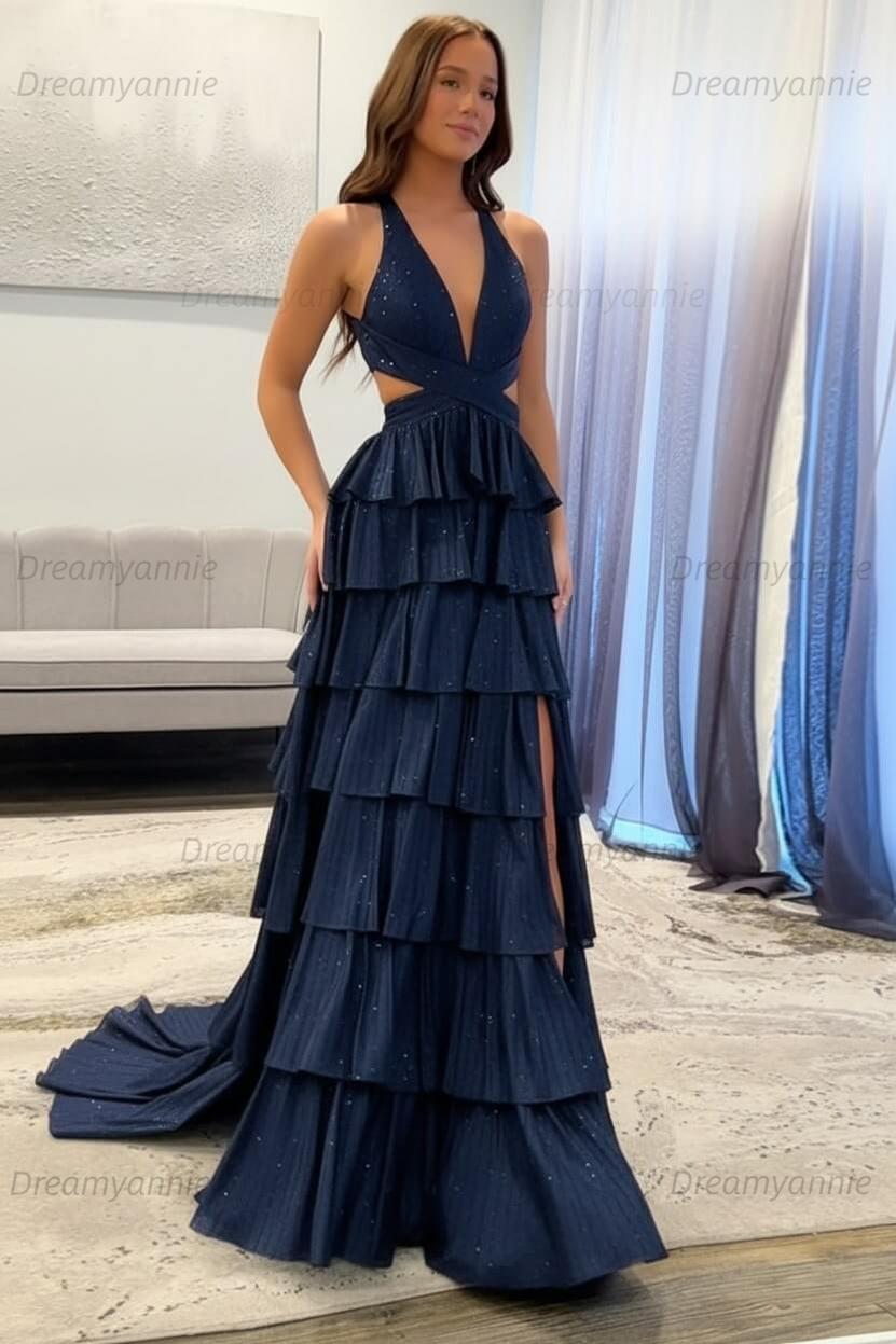 Dreamyannie A-Line Black Prom Dress Tiered Halter Long Formal Dress With Slit