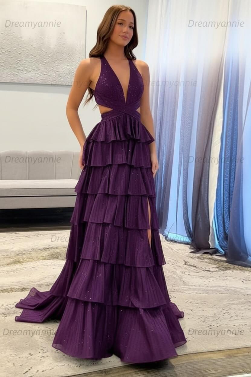 Dreamyannie A-Line Black Prom Dress Tiered Halter Long Formal Dress With Slit