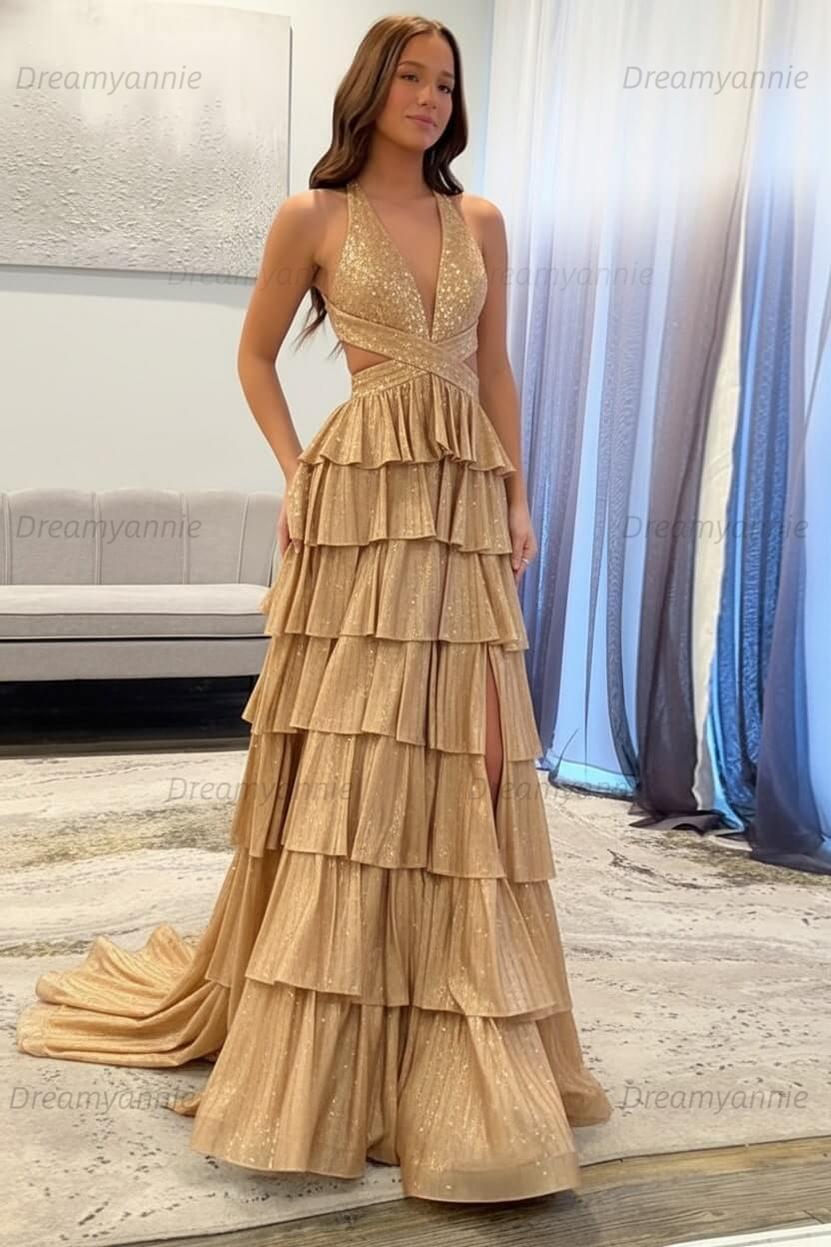Dreamyannie A-Line Black Prom Dress Tiered Halter Long Formal Dress With Slit