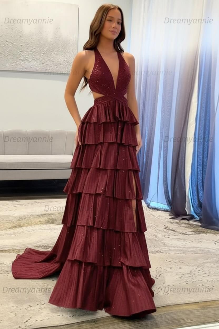Dreamyannie A-Line Black Prom Dress Tiered Halter Long Formal Dress With Slit