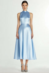 Dreamyannie Halter Neck Satin A Line Blue Wedding Guest Dress Tea Length Formal Dress