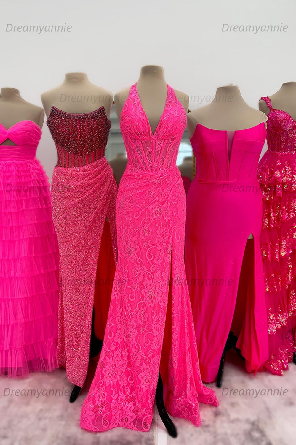 Dreamyannie Halter Pink Prom Dress Long Lace Formal Dress With Slit