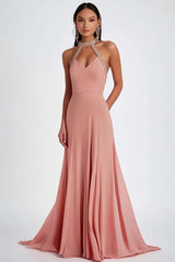 Dreamyannie Halter Pink Wedding Guest Dress Ruched Long Formal Dress With Beading