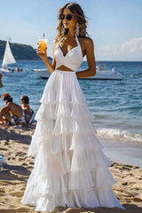 Dreamyannie Halter Tiered White 2 Piece Ruffled Formal Dress