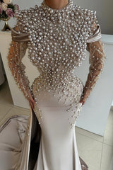Dreamyannie High Neck Mermaid Silver Prom Dress Beaded Sleeves Satin Formal Dress With Pearls