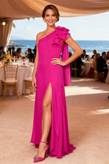Dreamyannie Hot Pink Chiffon One Shoulder Floor Length Mother Of The Bride Dress With Ruffles
