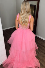 Dreamyannie Hot Pink Prom Dress Corset Ruffled Floral Evening Dress With Slit