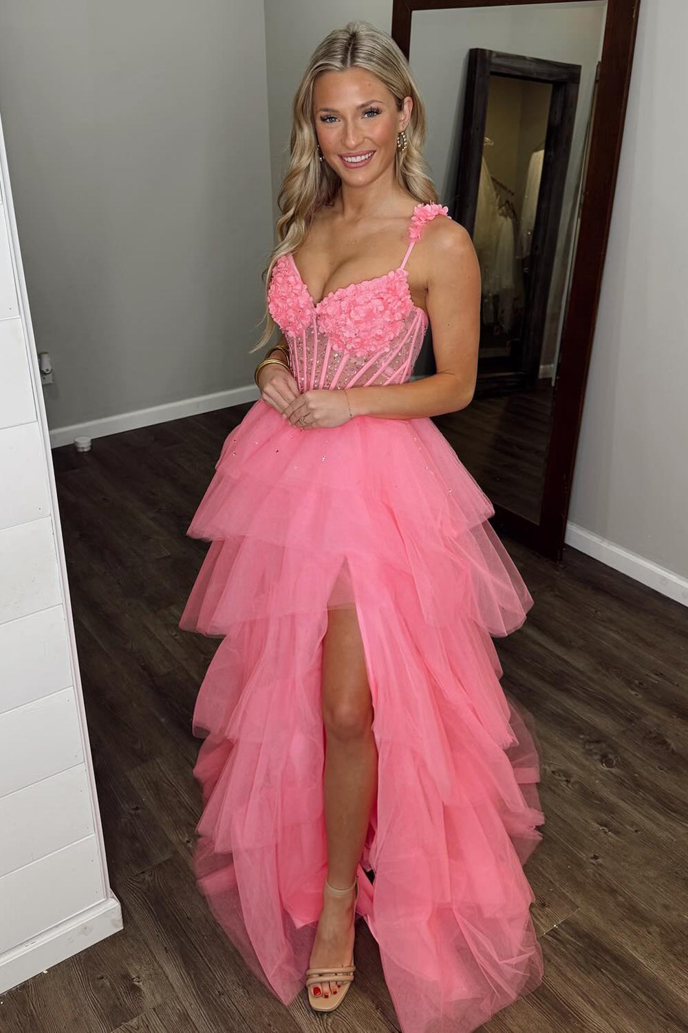 Dreamyannie Hot Pink Prom Dress Corset Ruffled Floral Evening Dress With Slit
