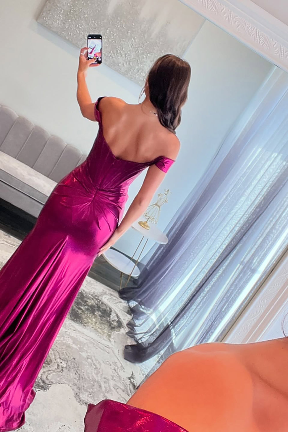 Dreamyannie Hot Pink Prom Dress Ruched Corset Metallic Mermaid Formal Dress With Slit