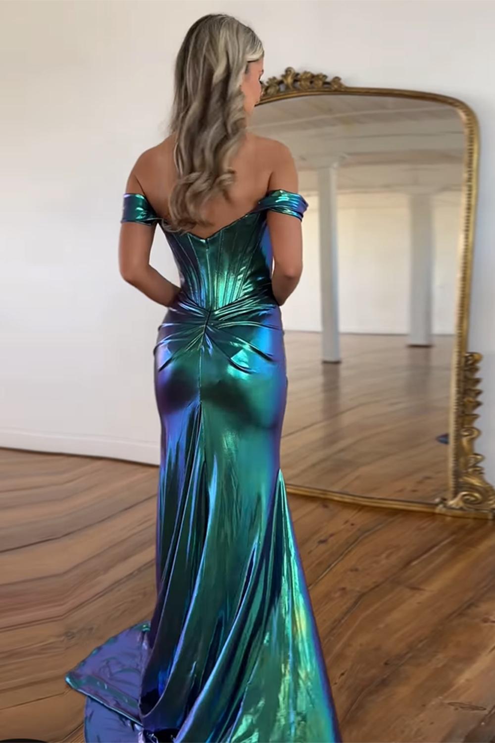 Dreamyannie Hot Pink Prom Dress Ruched Corset Metallic Mermaid Formal Dress With Slit