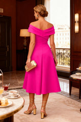 Dreamyannie Hot Pink Satin Off The Shoulder A Line Tea Length Mother Of The Bride Dress