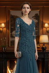 Dreamyannie Ink Blue Lace V Neck Mermaid Floor Length Mother Of The Bride Dress