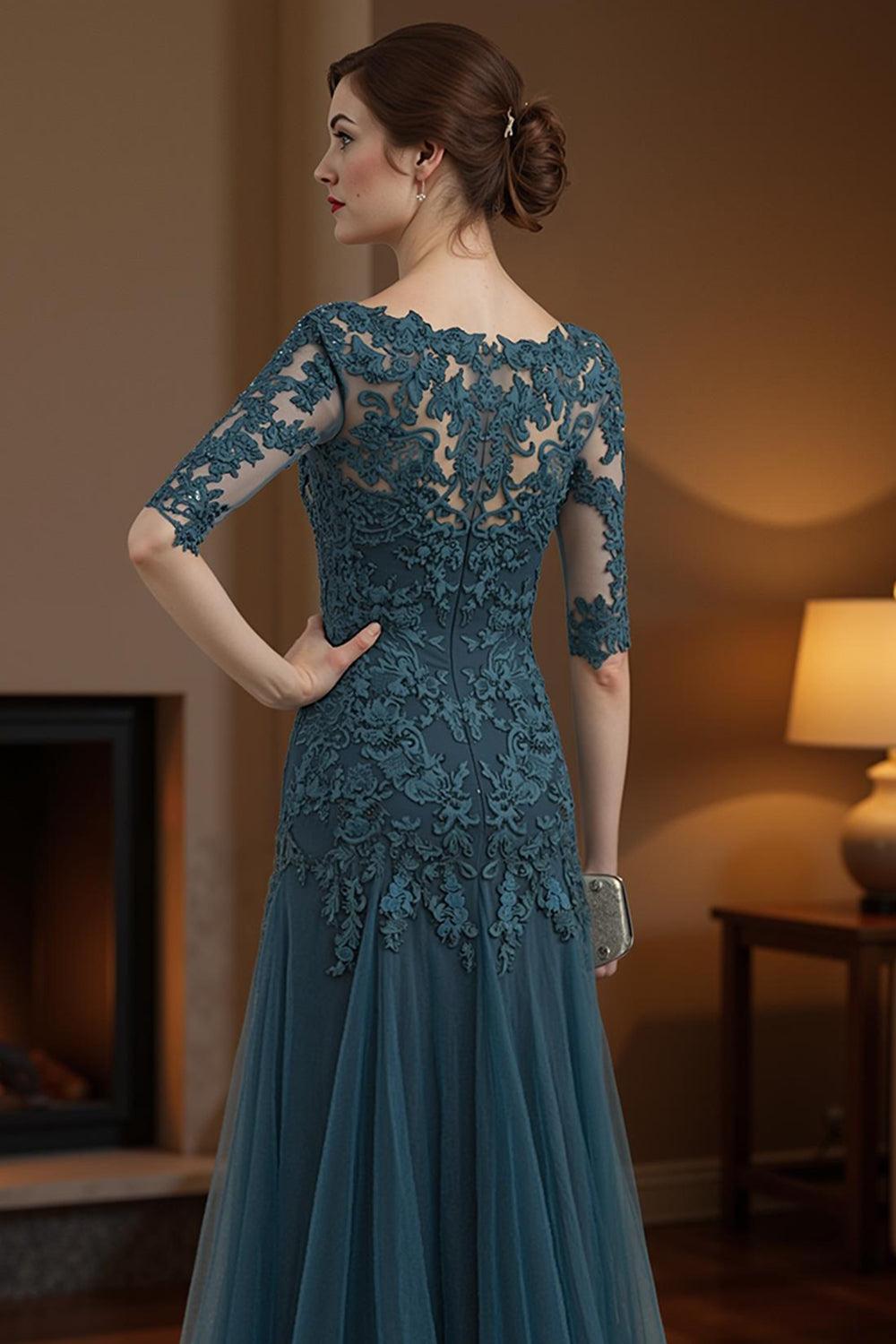 Dreamyannie Ink Blue Lace V Neck Mermaid Floor Length Mother Of The Bride Dress