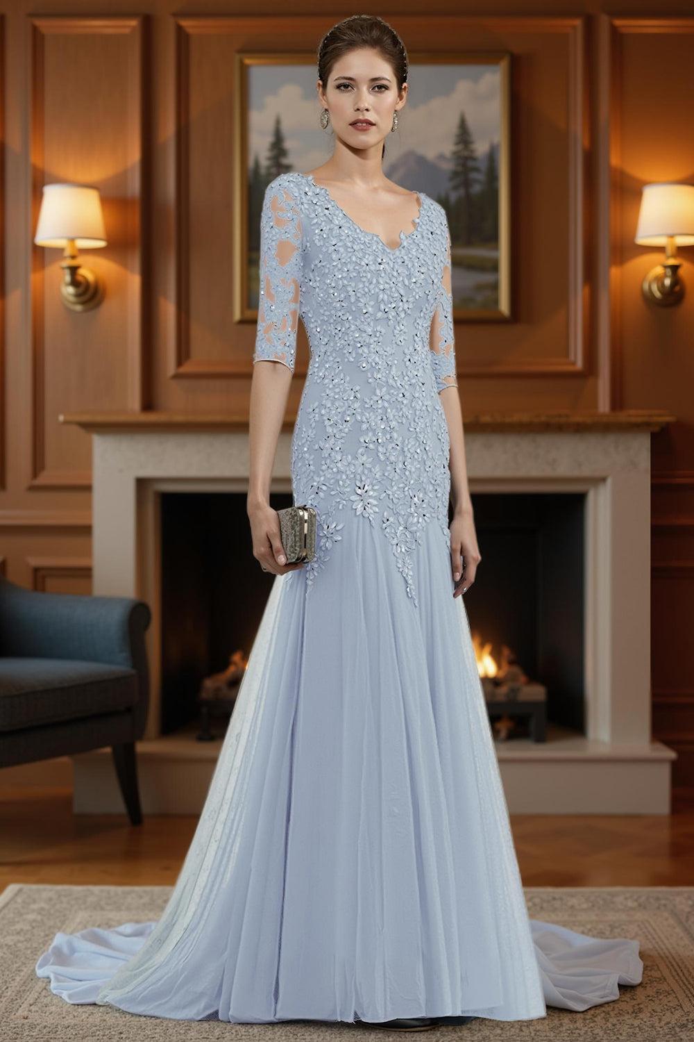 Dreamyannie Ink Blue Lace V Neck Mermaid Floor Length Mother Of The Bride Dress