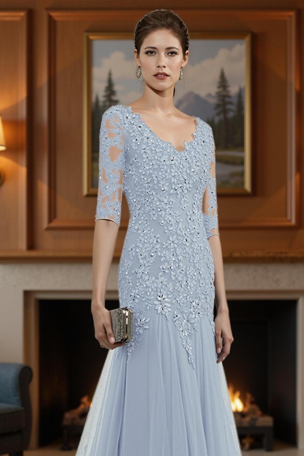 Dreamyannie Ink Blue Lace V Neck Mermaid Floor Length Mother Of The Bride Dress