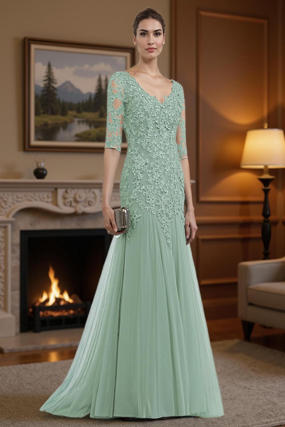 Dreamyannie Ink Blue Lace V Neck Mermaid Floor Length Mother Of The Bride Dress