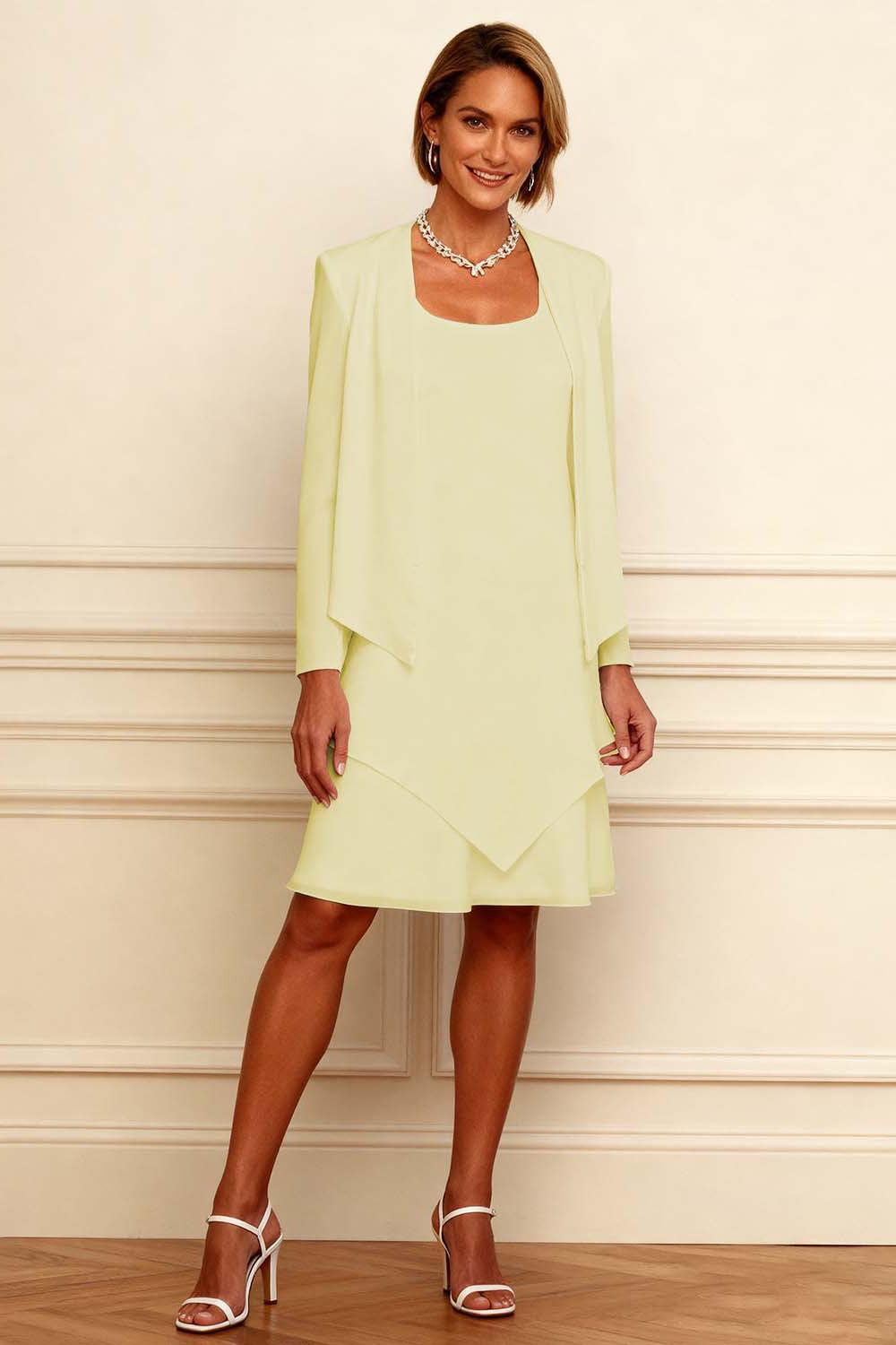 Dreamyannie Ink Blue Scoop Neck Chiffon Knee Length 2 Piece Mother Of The Bride Dress With Jacket