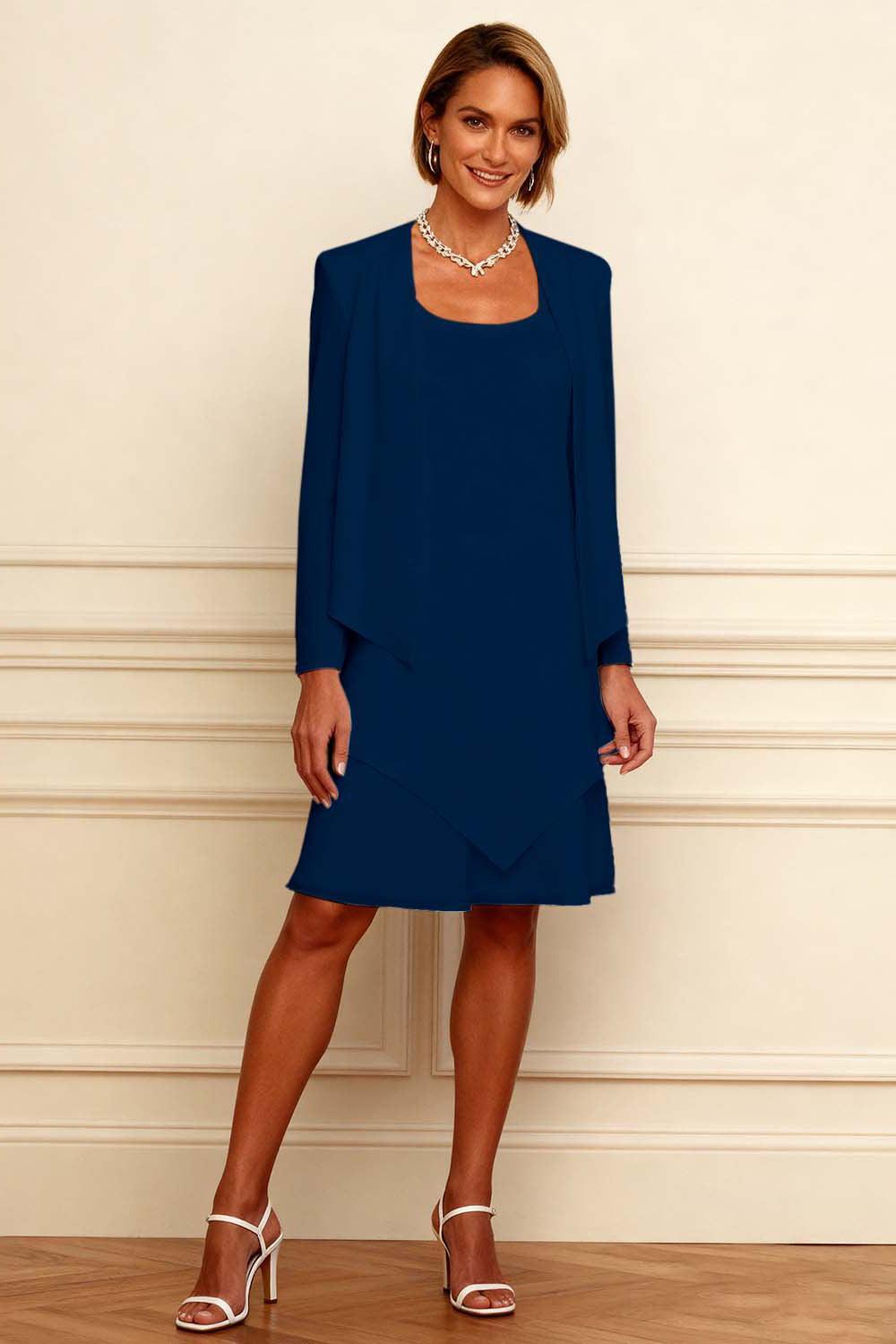 Dreamyannie Ink Blue Scoop Neck Chiffon Knee Length 2 Piece Mother Of The Bride Dress With Jacket