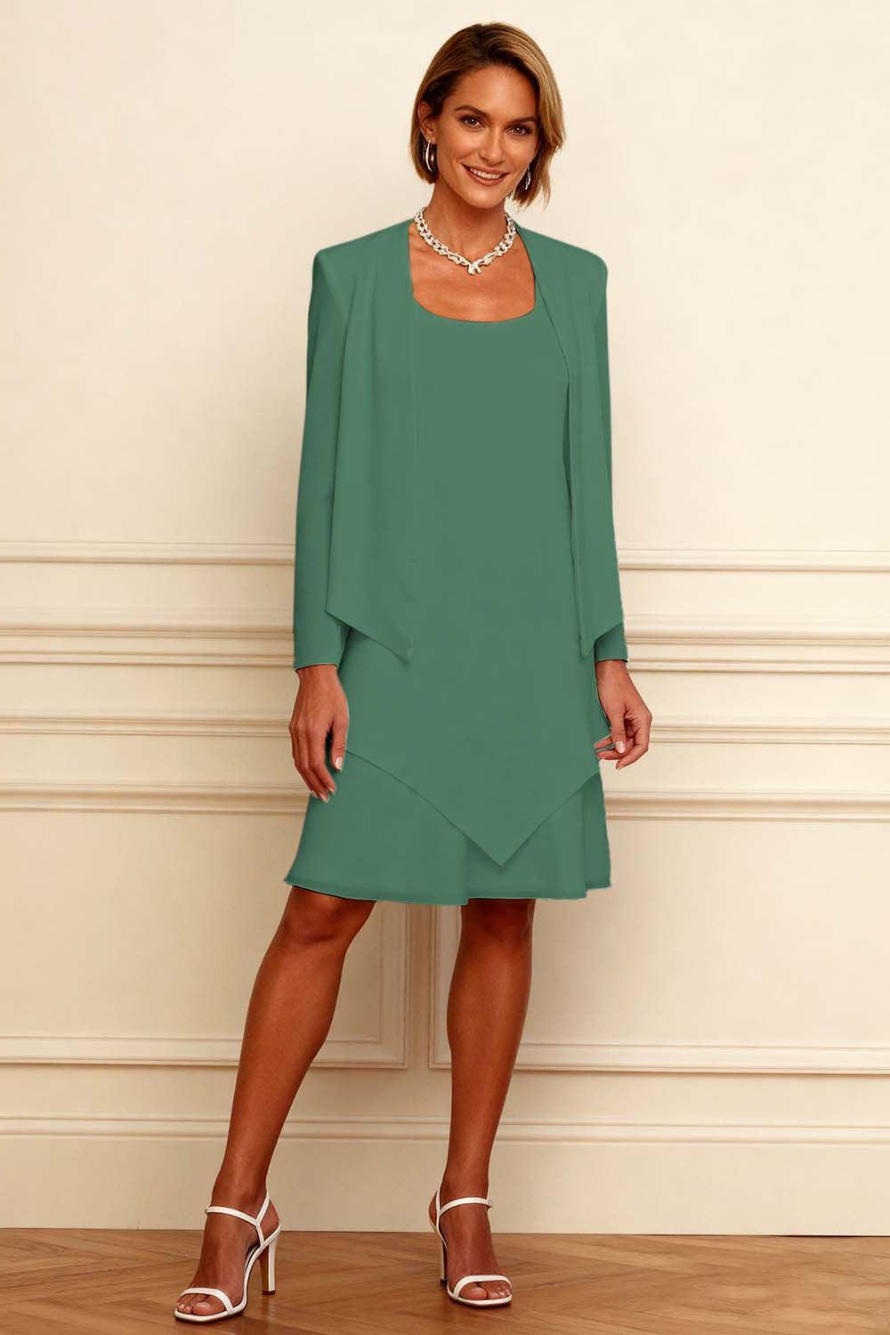 Dreamyannie Ink Blue Scoop Neck Chiffon Knee Length 2 Piece Mother Of The Bride Dress With Jacket