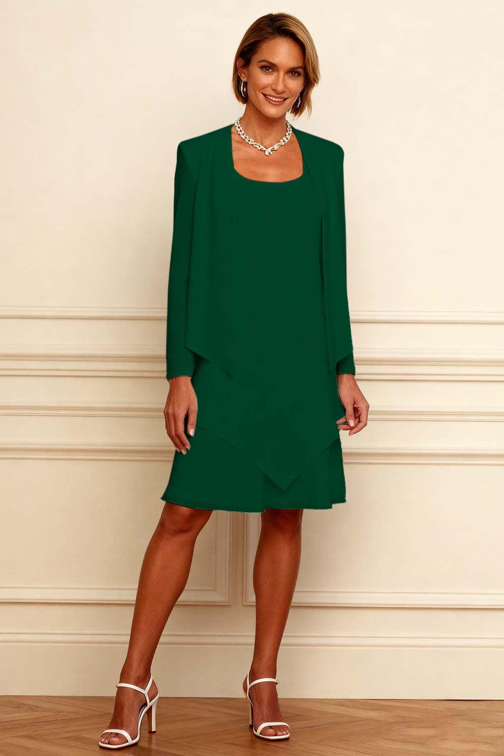 Dreamyannie Ink Blue Scoop Neck Chiffon Knee Length 2 Piece Mother Of The Bride Dress With Jacket